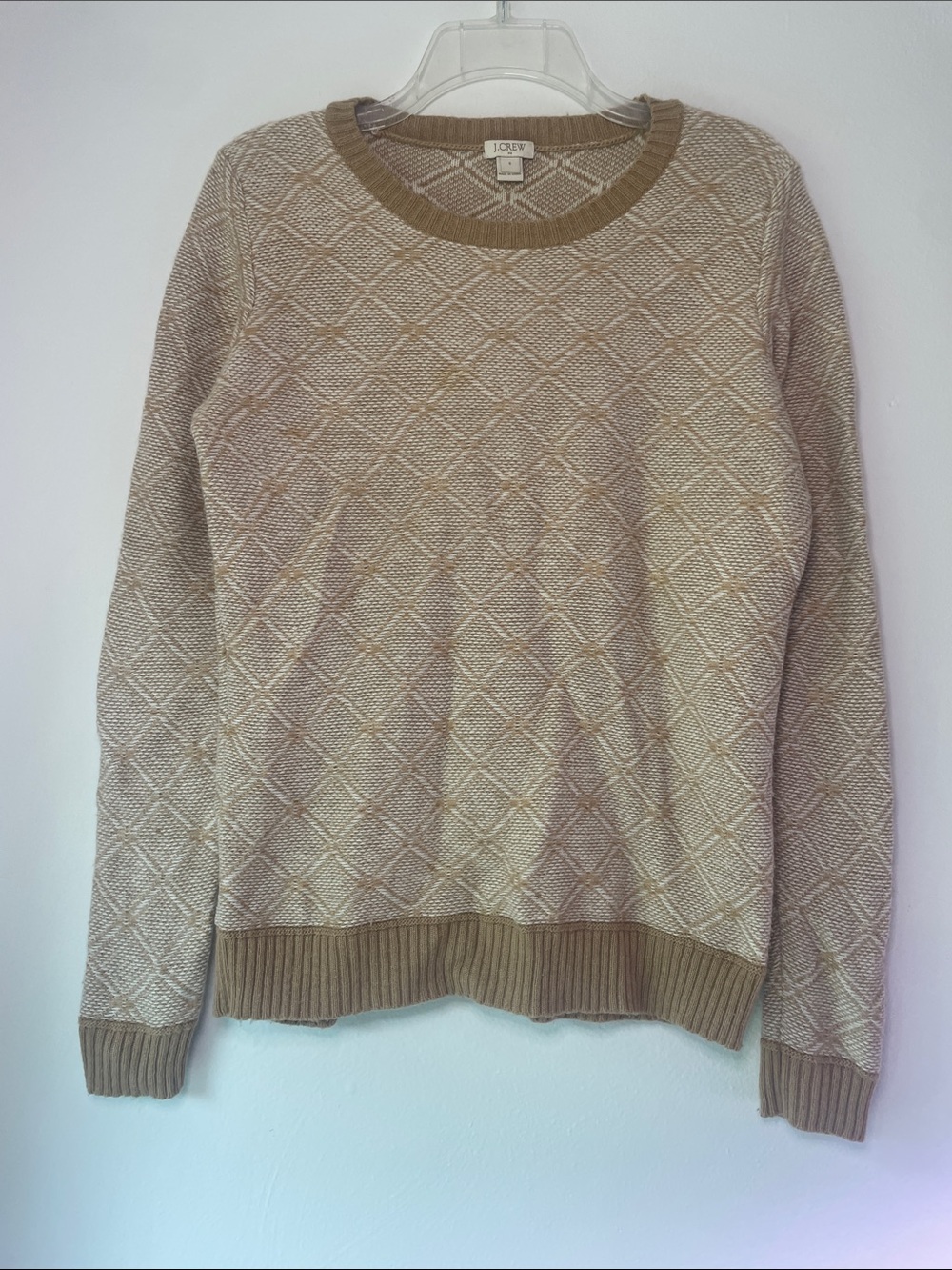 J. Crew Tan and Cream Diamond-Knit Crewneck Sweater